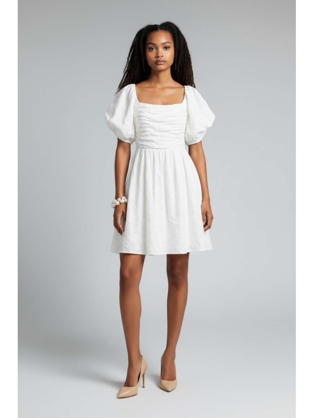 DISSH Rubi White Poplin Puff Sleeve Ruched Mini Dress NWT Size 2